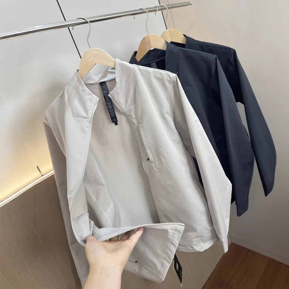 Men's stand collar sports casual jacket in polyester fiber, black colour, straight hem, long sleeves