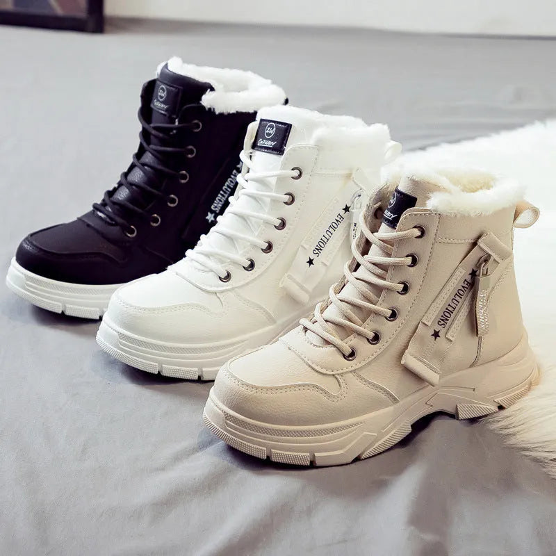 Plus size women's snow boots in khaki with velvet lining, front lace-up, rubber sole, and mid heel