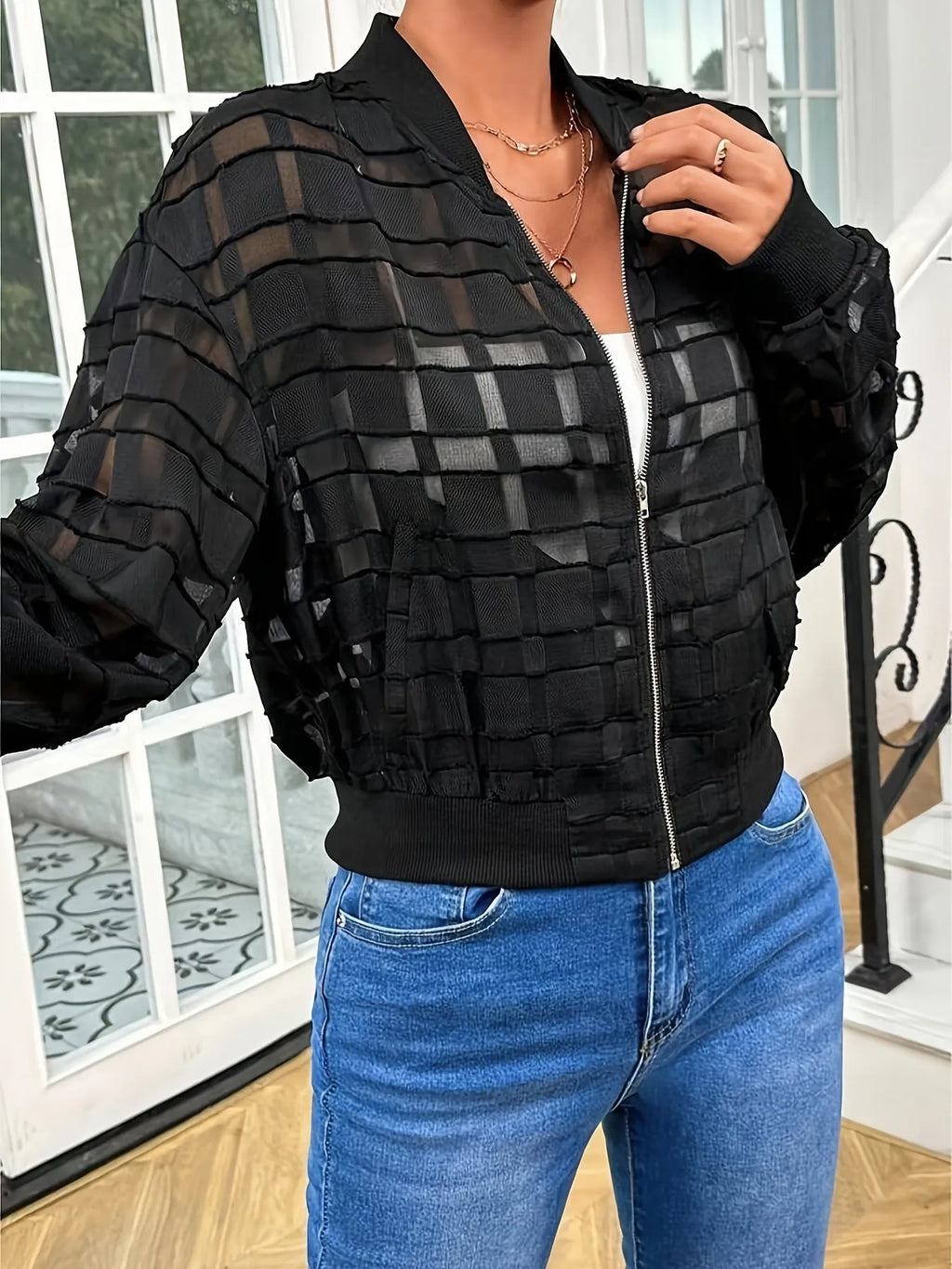 Black geometric pattern women's casual jacket with semi-transparent thread zipper
