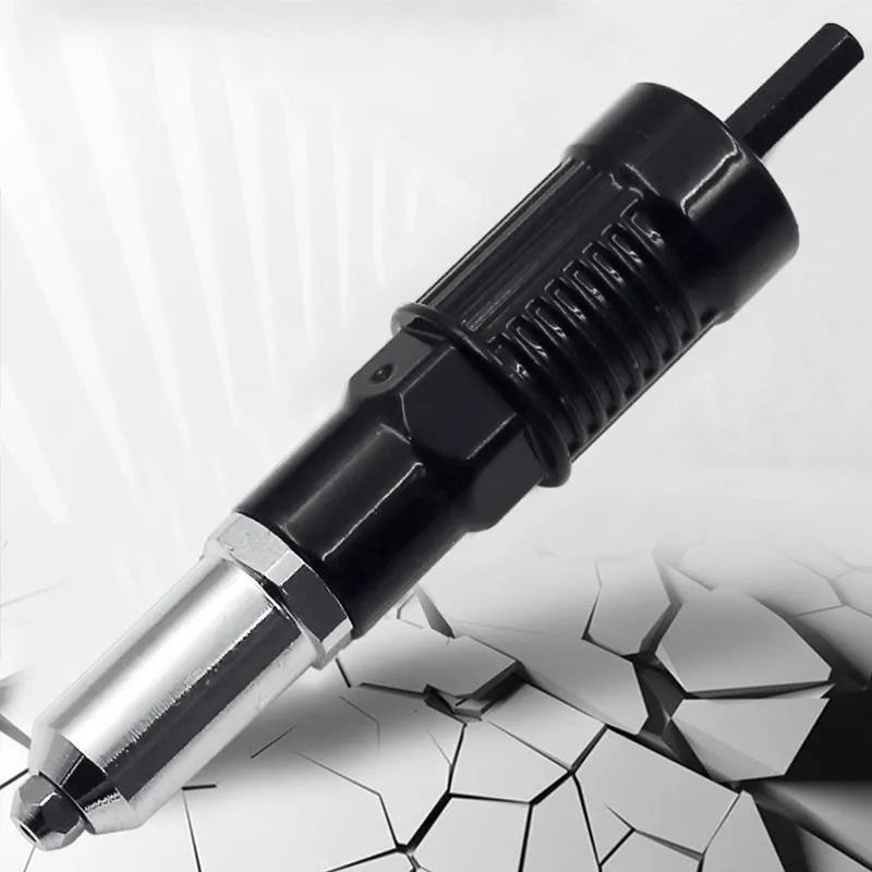Alloy steel rivet gun adapter for electric drill with four rivet heads, handle, and wrench