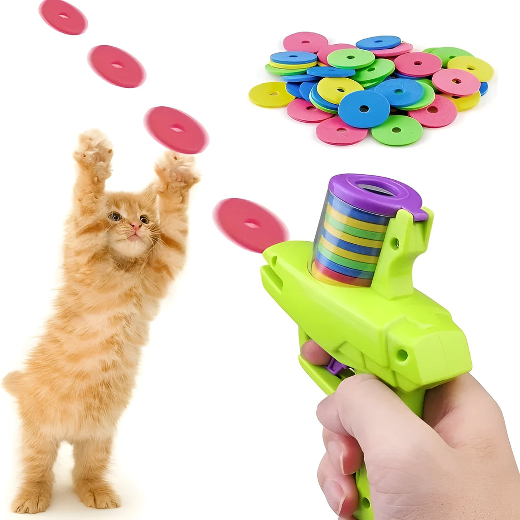 Interactive cat toy launcher with foam discs in green and purple colour options for battery-free feline play