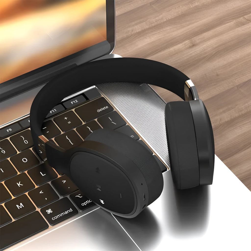 Folding wireless sports headset with Bluetooth 5.0, 40mm drivers, and 10-hour battery in black