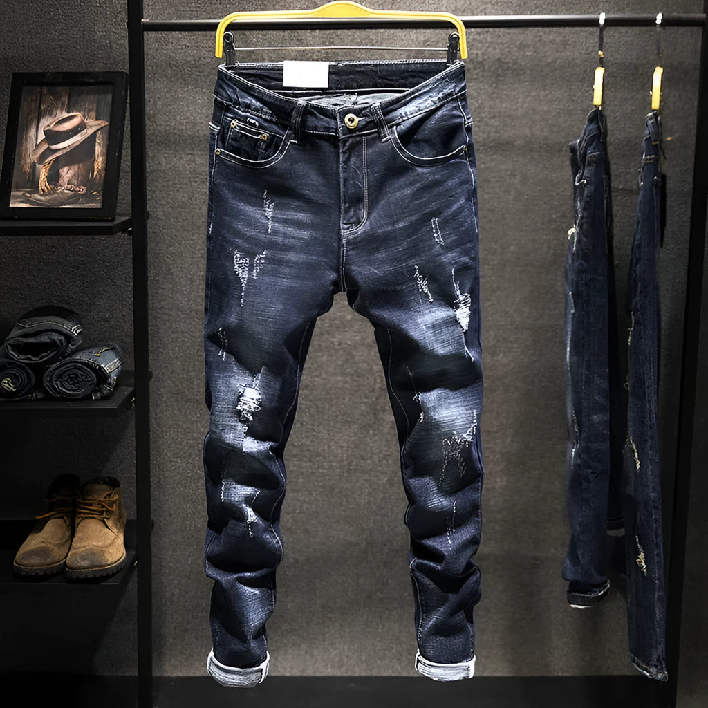 Men's skinny fit blue jeans with slim tailoring and stretch denim fabric