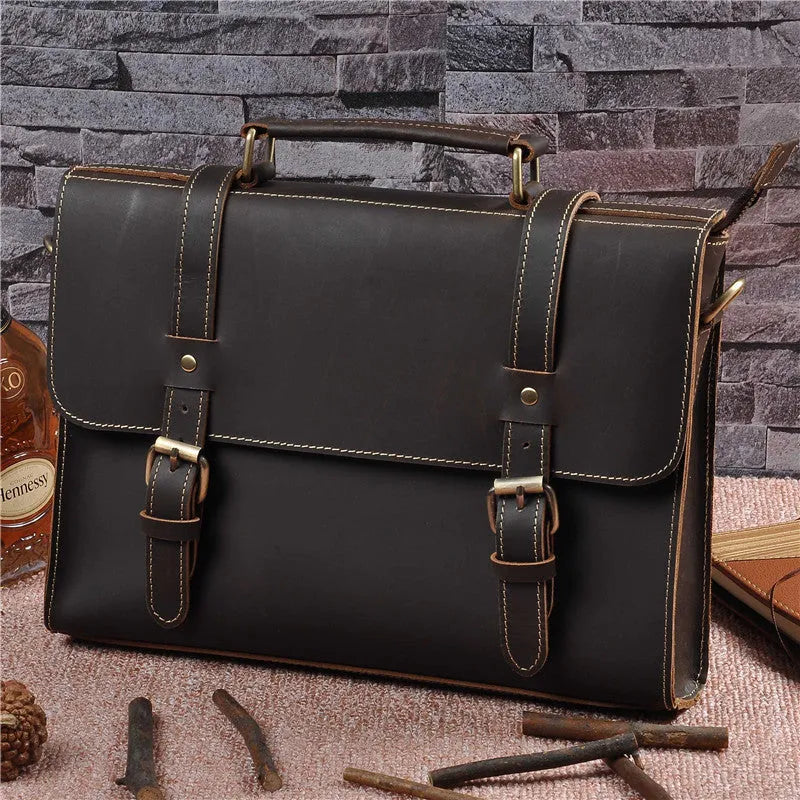 Men's genuine cowhide crazy horse leather handbag 13 inch dark brown retro lock closure