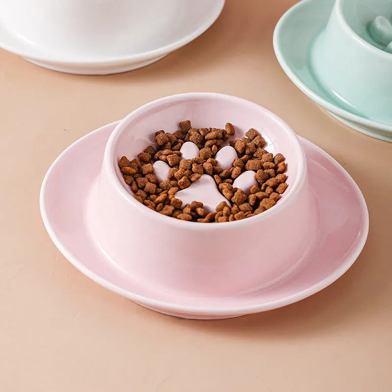 Ceramic anti-choking slow food pet bowl in green with raised centre design