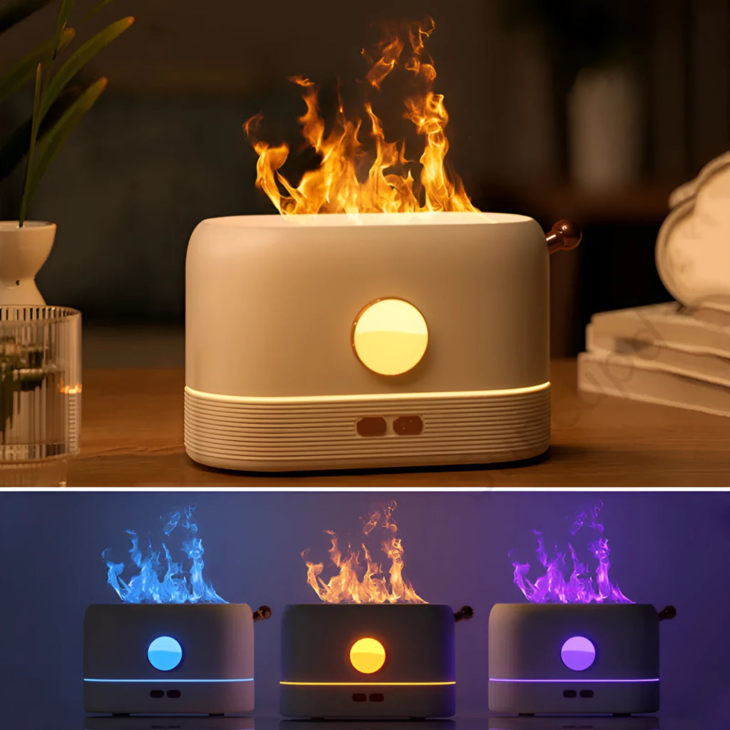 Black USB humidifier with simulated flame effect and mist output on a wooden desk