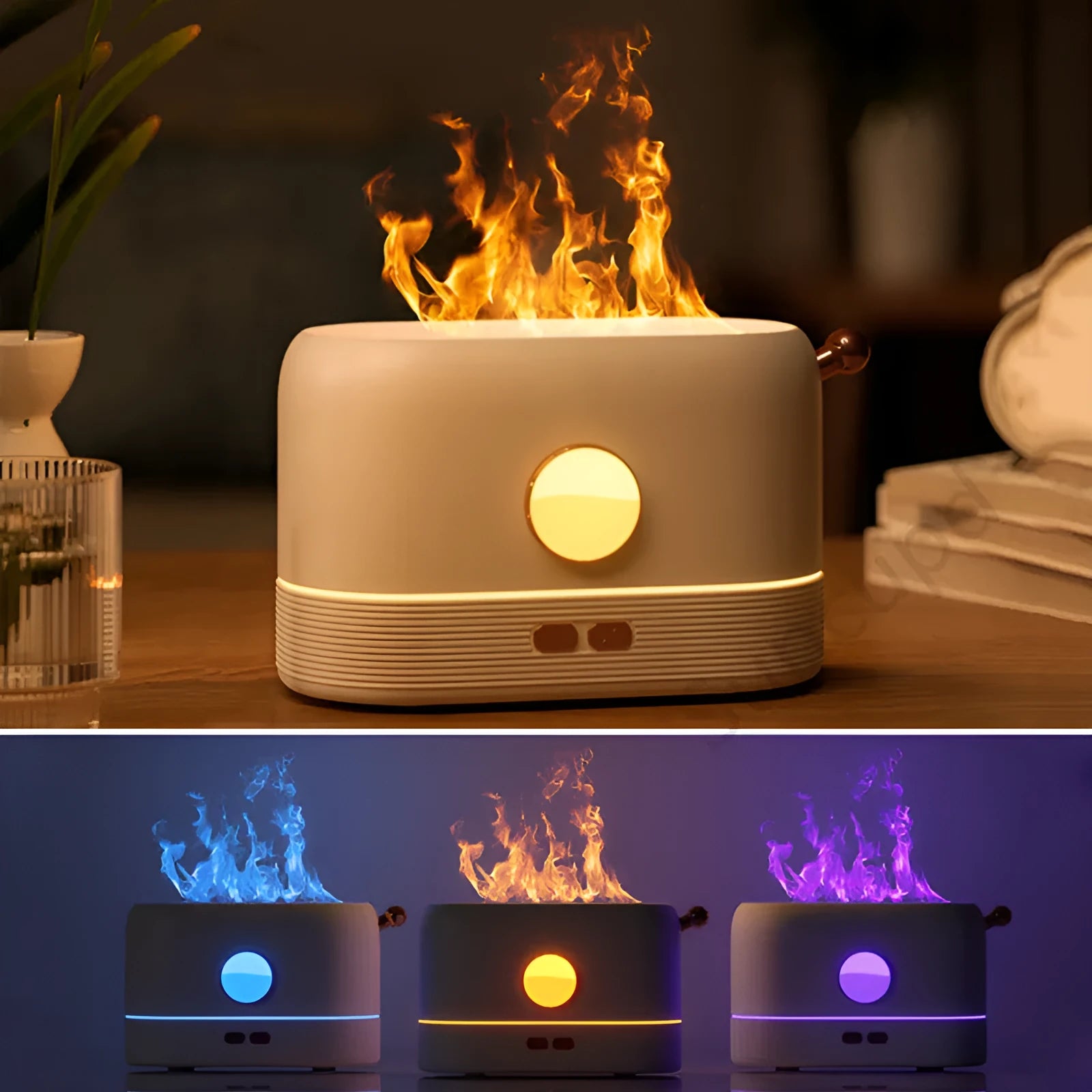 Black USB humidifier with simulated flame effect and mist output on a wooden desk