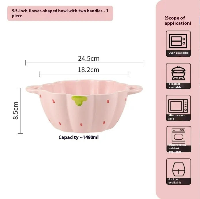 Cute strawberry pattern porcelain dinnerware set with flower bowls, plates, and a twist spoon