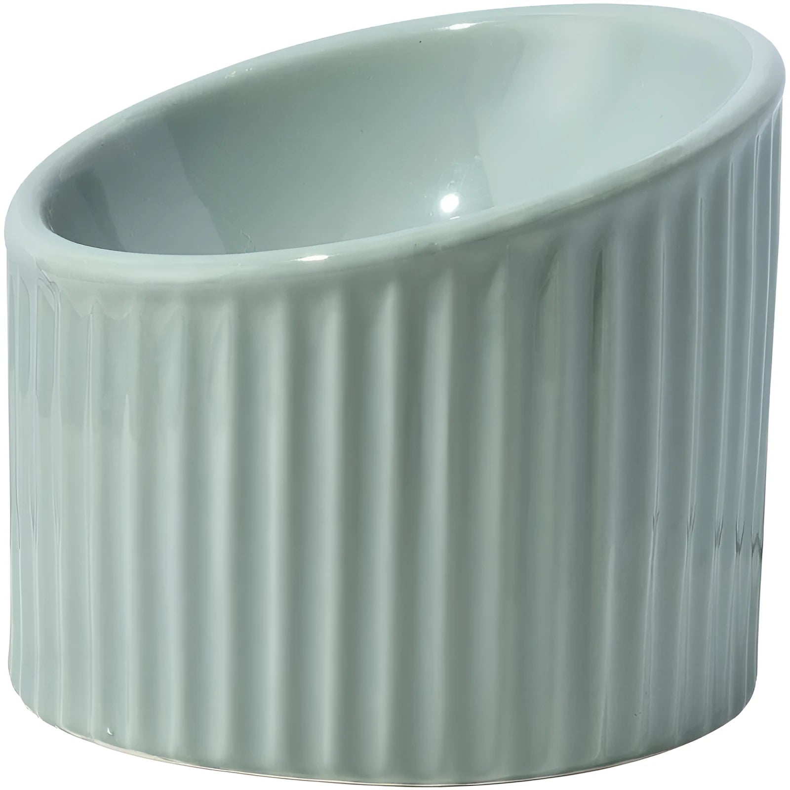 Ceramic elevated cat bowl in green colour with tilted whisker-friendly design for anti-vomit feeding height