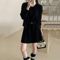 Grey and black women's knitted vest skirt and long-sleeved cardigan two-piece set with a belt.