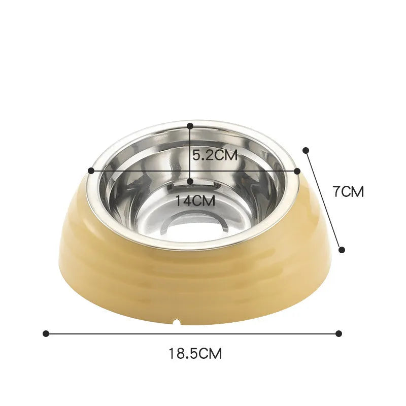 Stainless steel cat bowl in plastic holder available in light green, beige, and brown colour options