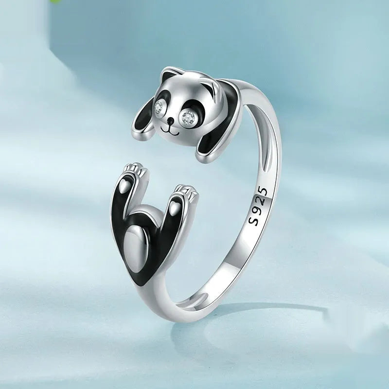 Cute panda adjustable open ring in sterling silver with white gold plating, SCR969-E colour