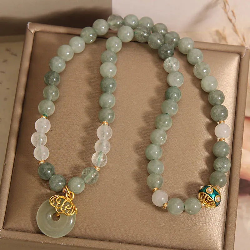 Women's aventurine double-layer crystal bracelet with peace buckle clasp in oil green jade colour