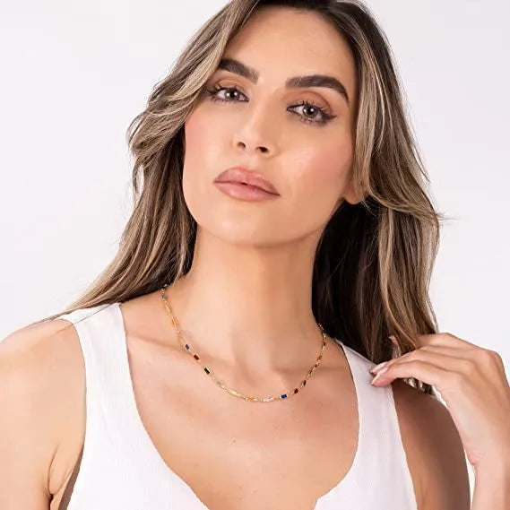 Ladies geometric crystal necklace with adjustable alloy chain and glass coloured glaze pendant