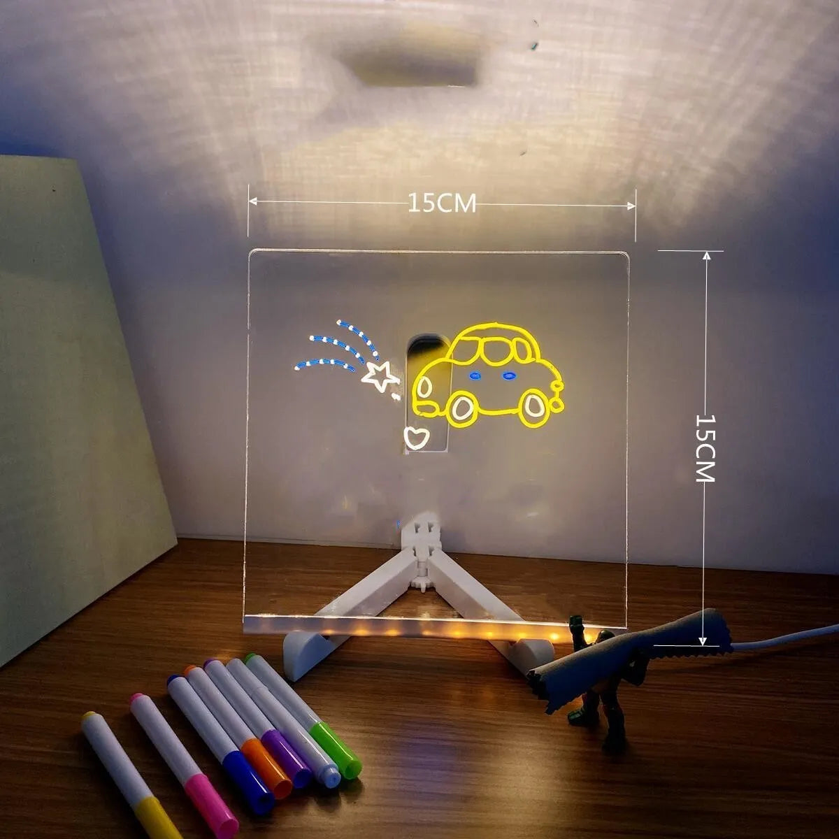Acrylic DIY note board LED night light showing a transparent board with written messages, USB power, and bracket setup