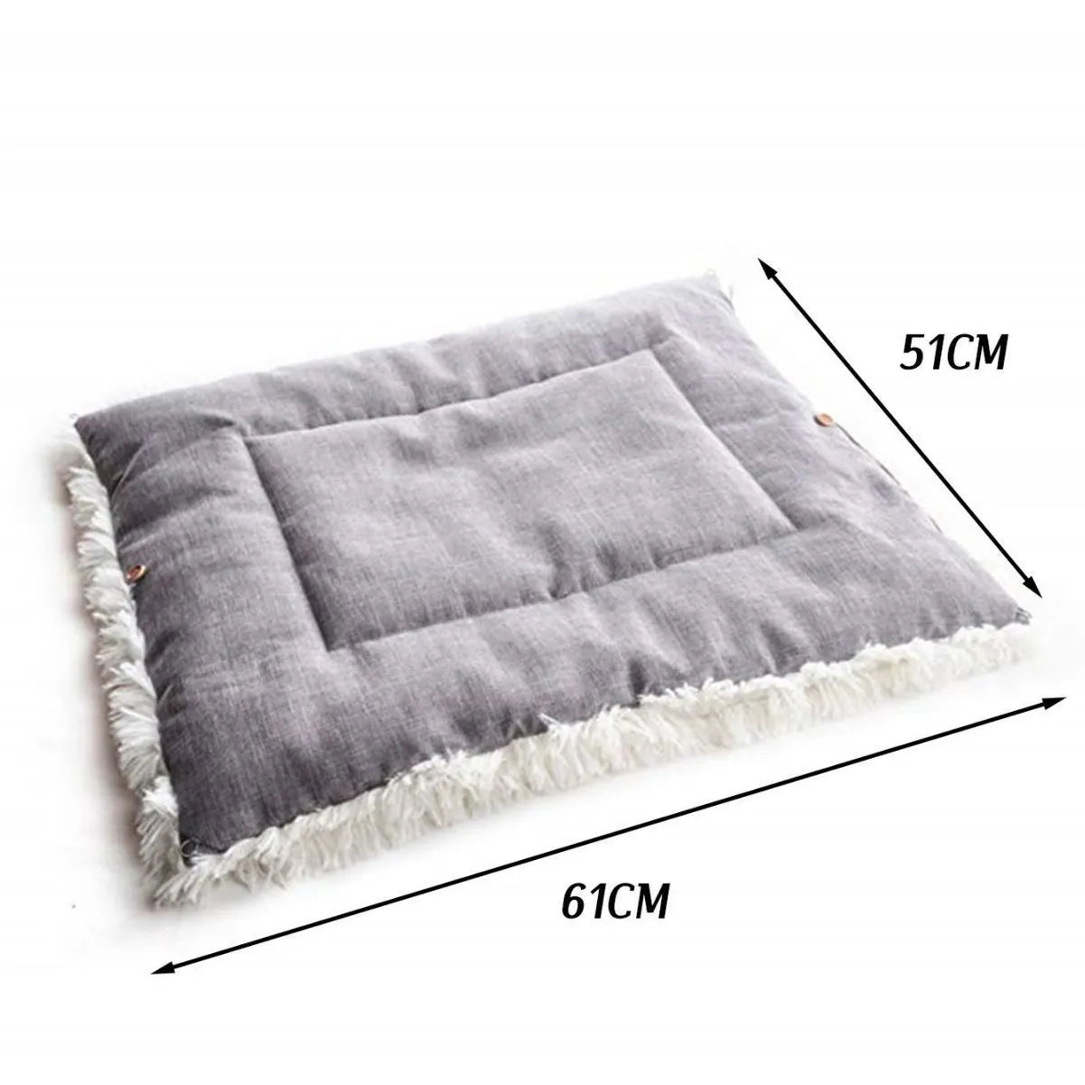 Gray self-heating pet blanket nest with long plush fur and non-slip black bottom, 61x51 cm