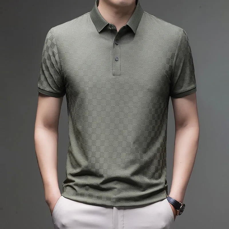 Rhombus pattern thin ice silk short sleeve t-shirt in black, shown with a slit detail.