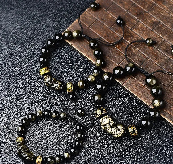 Natural golden obsidian Pi Xiu bracelet hand-woven Chinese style unisex bead sizes 8mm 10mm 12mm 14mm