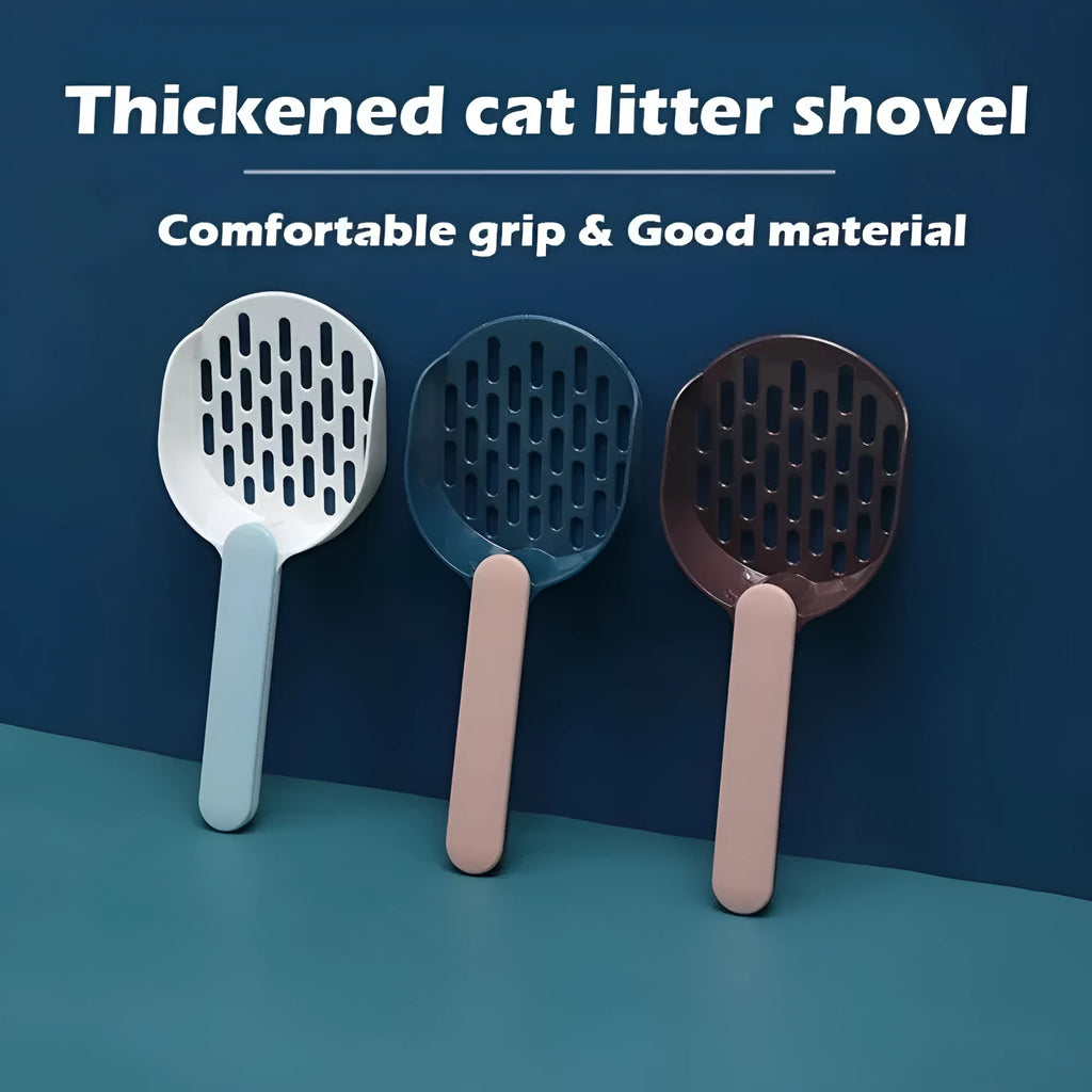Plastic cat litter shovel in blue, green, and pink 26.6cm long for cleaning litter boxes