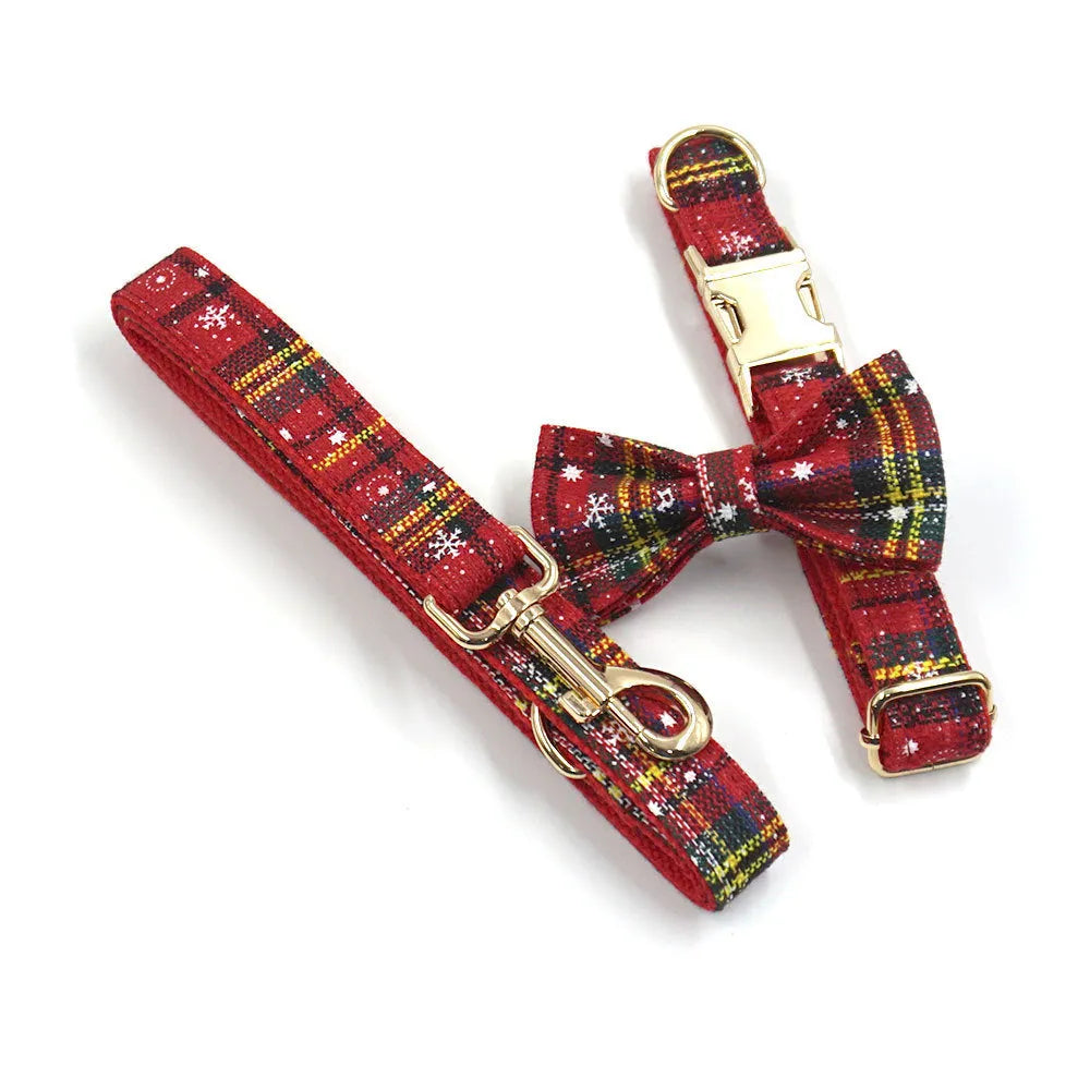 Red Christmas pet collar traction rope bowknot chest-back harness stool bag set on dog