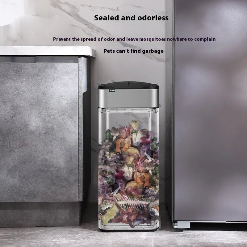Stainless steel square smart trash can with inductive sensor and deodorising function.
