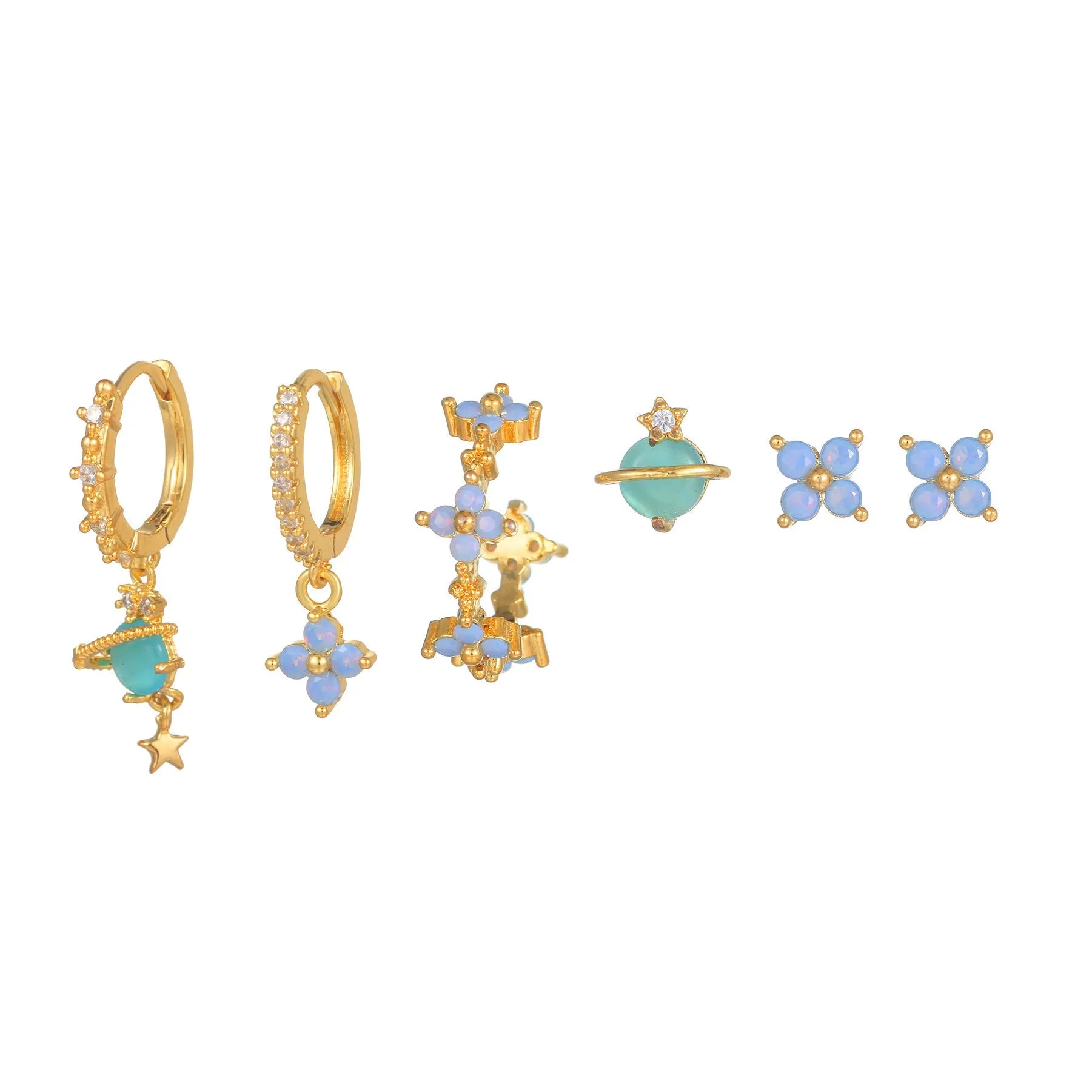 Japanese Korean style floral stud earrings with zircon detailing in gold or silver finish
