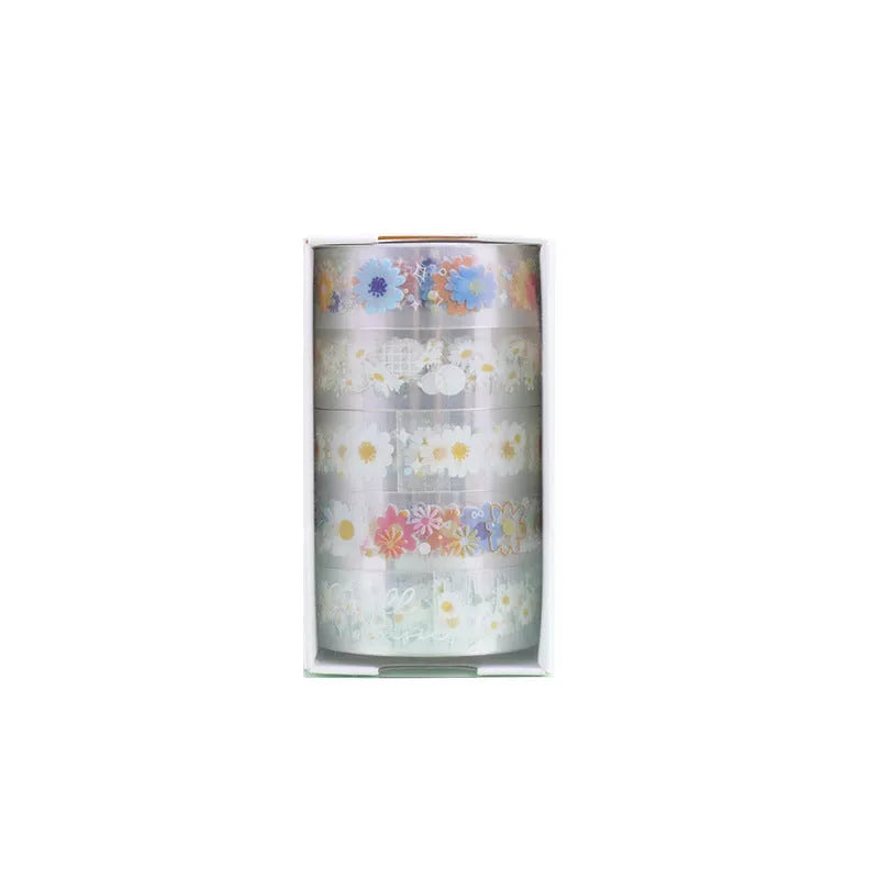 Five rolls of transparent adhesive tape with yellow and white daisy cartoon pattern on a clear background.