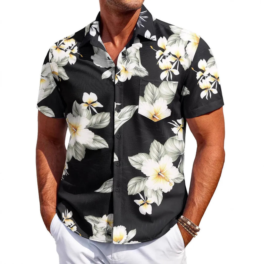 Men's slim-fit Hawaiian short sleeve shirt in elastic polyester fabric showing colour options