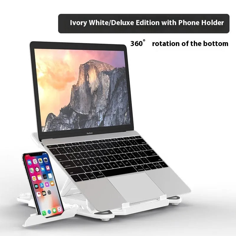 Black ABS plastic laptop stand with integrated strap phone holder on wooden desk