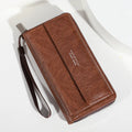 Men's black PU leather bifold wallet with multiple card slots, shown open and closed.
