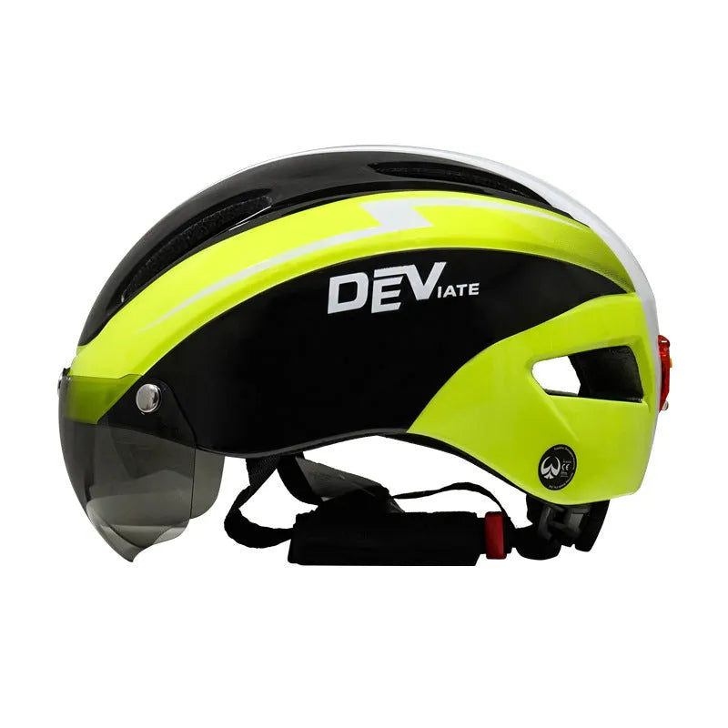 Adult bicycle helmet with goggles and taillight in blue, white, and black colour scheme