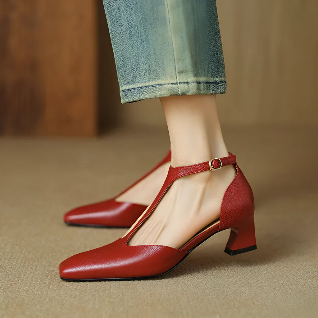Women's wine red retro square toe chunky heel shoes made from sheepskin leather with a buckle