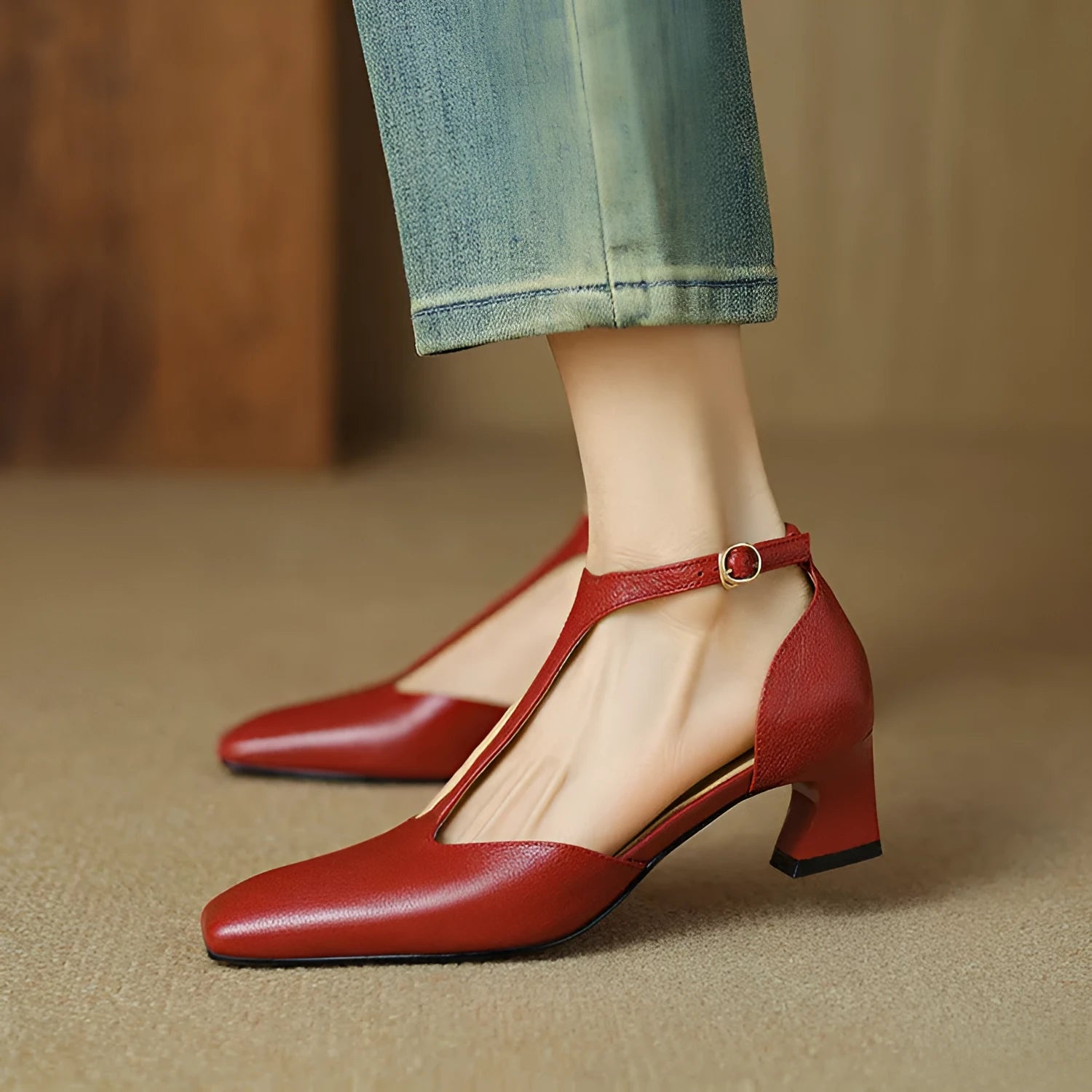 Women's wine red retro square toe chunky heel shoes made from sheepskin leather with a buckle