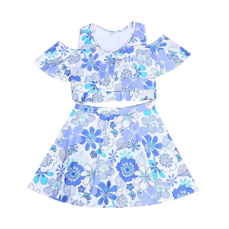 Women's one-piece swimsuit with fresh blue floral print on polyester fabric for summer swimming
