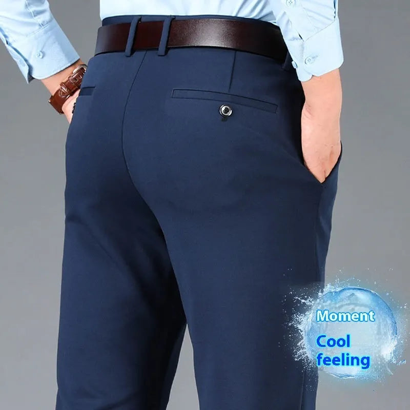 Men's business casual plus-sized straight-leg suit pants in solid colour with wool lining and zip fly
