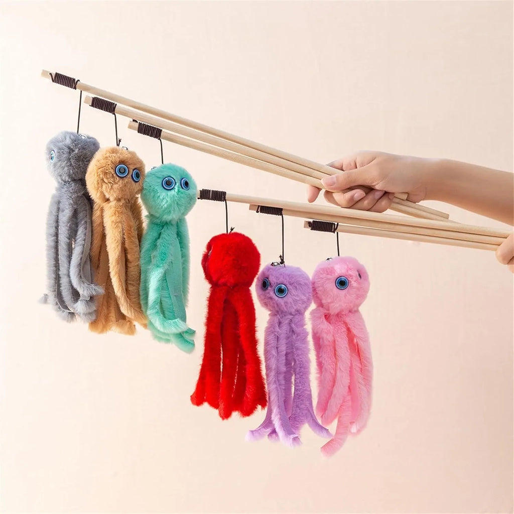 Octopus cat toy with long stick handle in bright colours for indoor kitten play