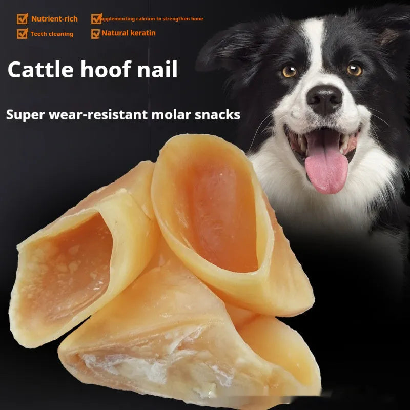 Natural cowhide dog chew rod with hoof shell coating in small and large size options.