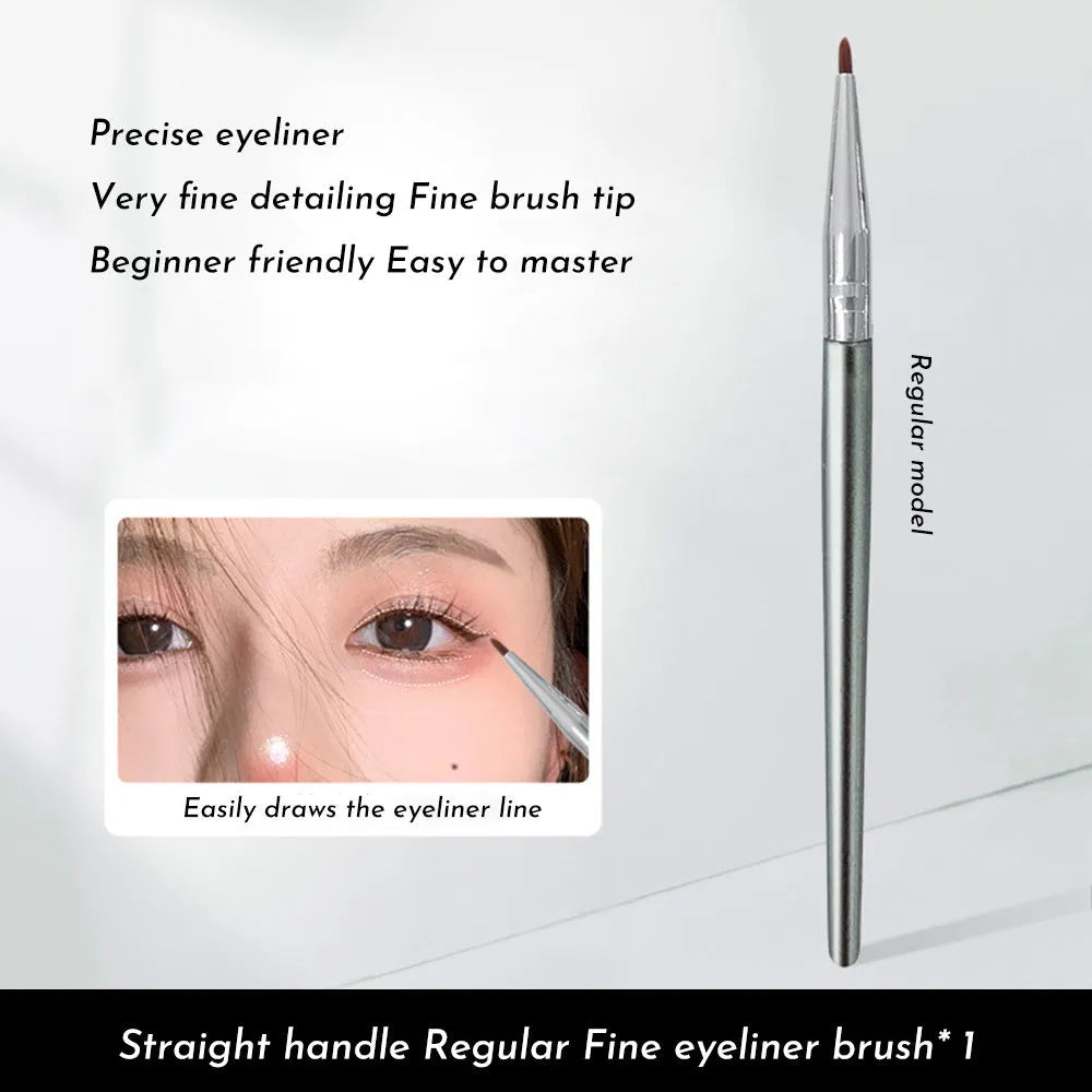 Bent head eyeliner brush with angled design for under eye and tear trough makeup application