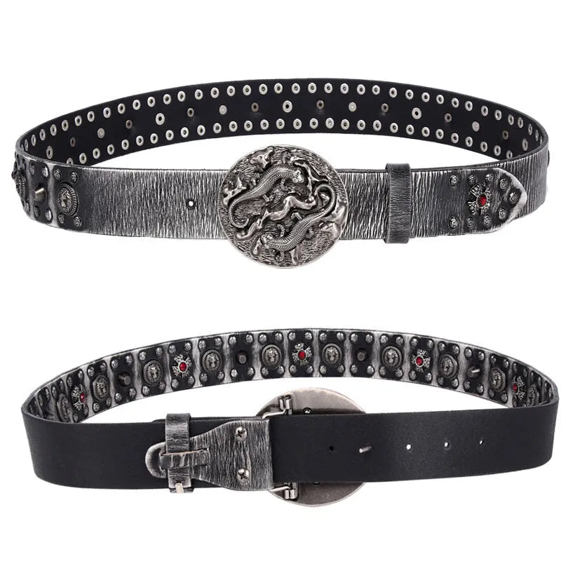 Men's punk rivet genuine leather belt with alloy buckle in retro colours