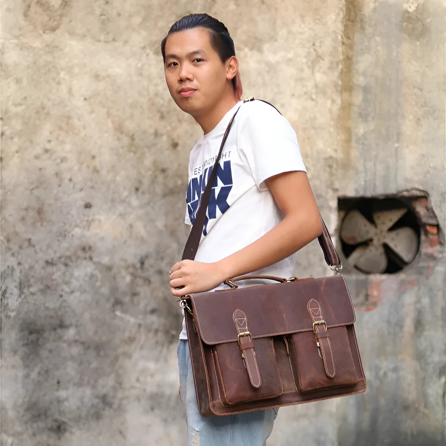 Small yellow brown crazy horse leather messenger bag for men with shoulder strap and nylon lining