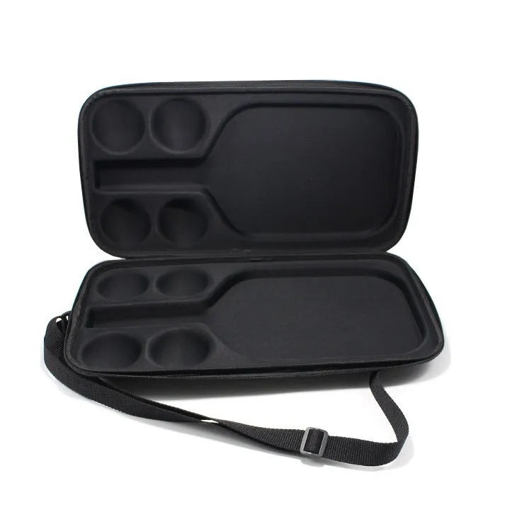 Black EVA pickleball shoulder storage bag showing double straps, sized for one paddle and four balls.
