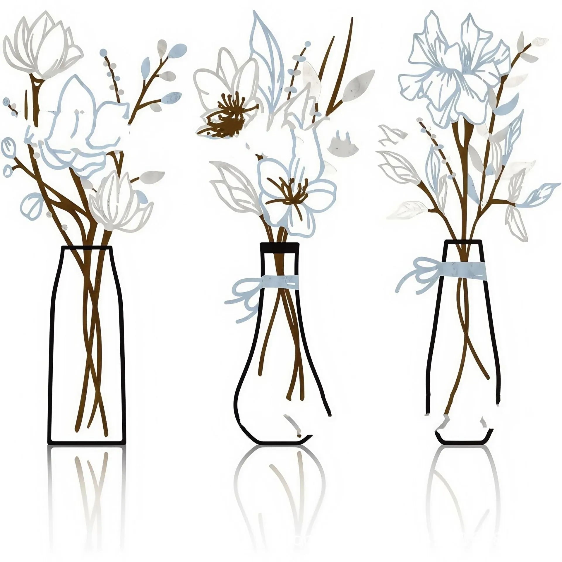 Set of three metal flower and vase wall art decorations in a modern country style.
