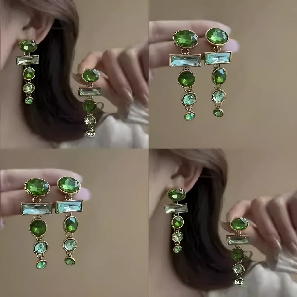 Chinese style geometric alloy earrings with retro green gradient colour and zircon inlaid tassels