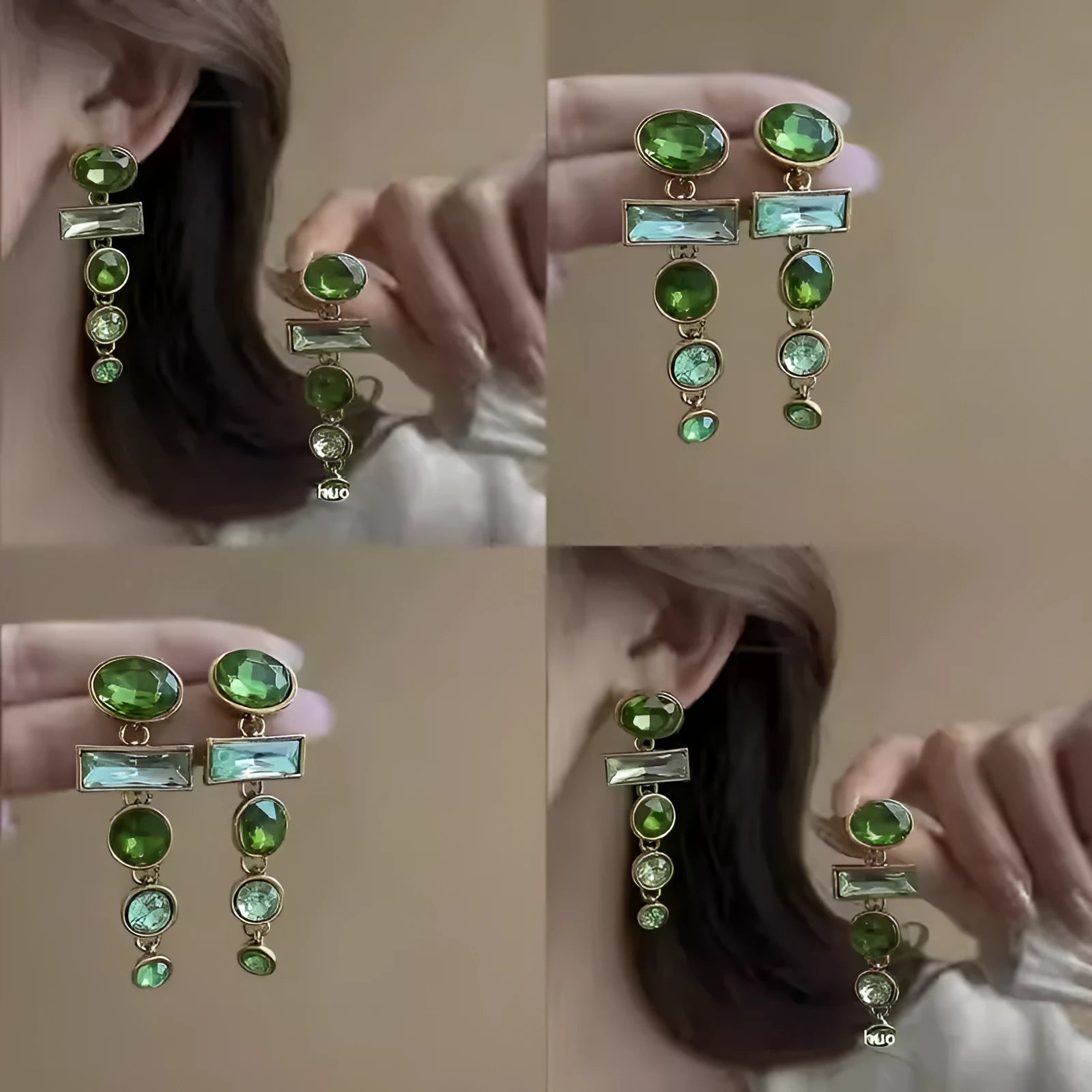Chinese style geometric alloy earrings with retro green gradient colour and zircon inlaid tassels