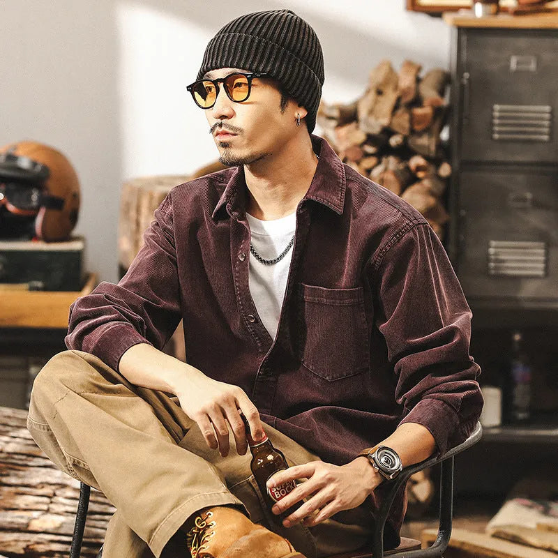 Men's retro corduroy shirt jacket in loose fit with long sleeves available in red or black colours