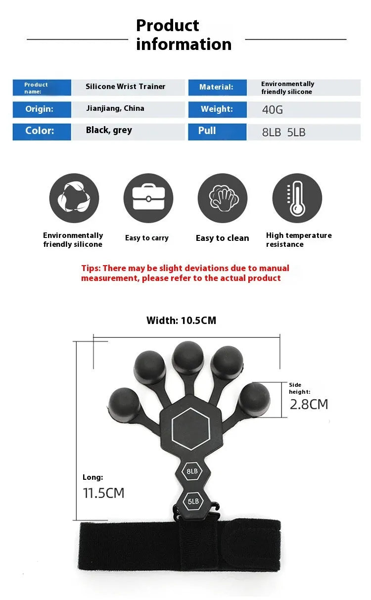 Gray silicone 5-finger rehabilitation hand trainer for grip strength exercises on a plain background