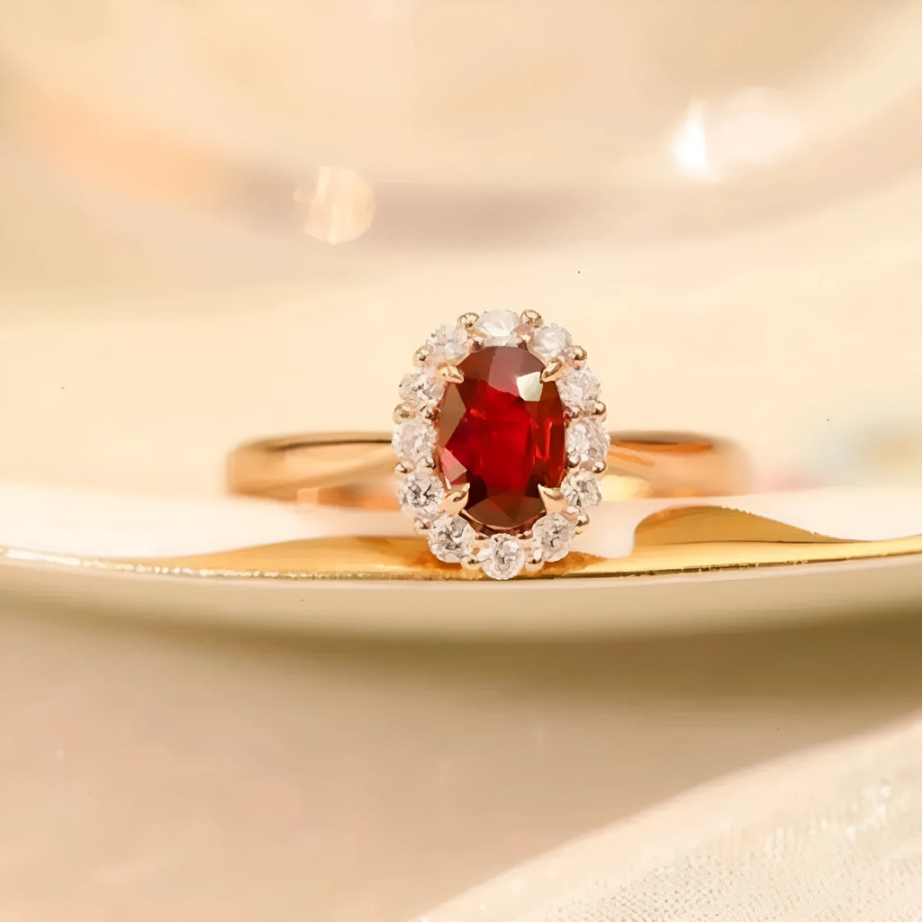 Gold Pigeon silver plated ring with red blood gemstone and floral design for women