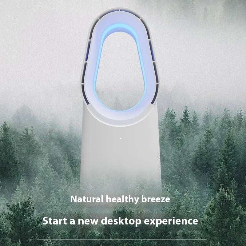 White bladeless tower fan with remote control and touch screen buttons for floor or desktop use
