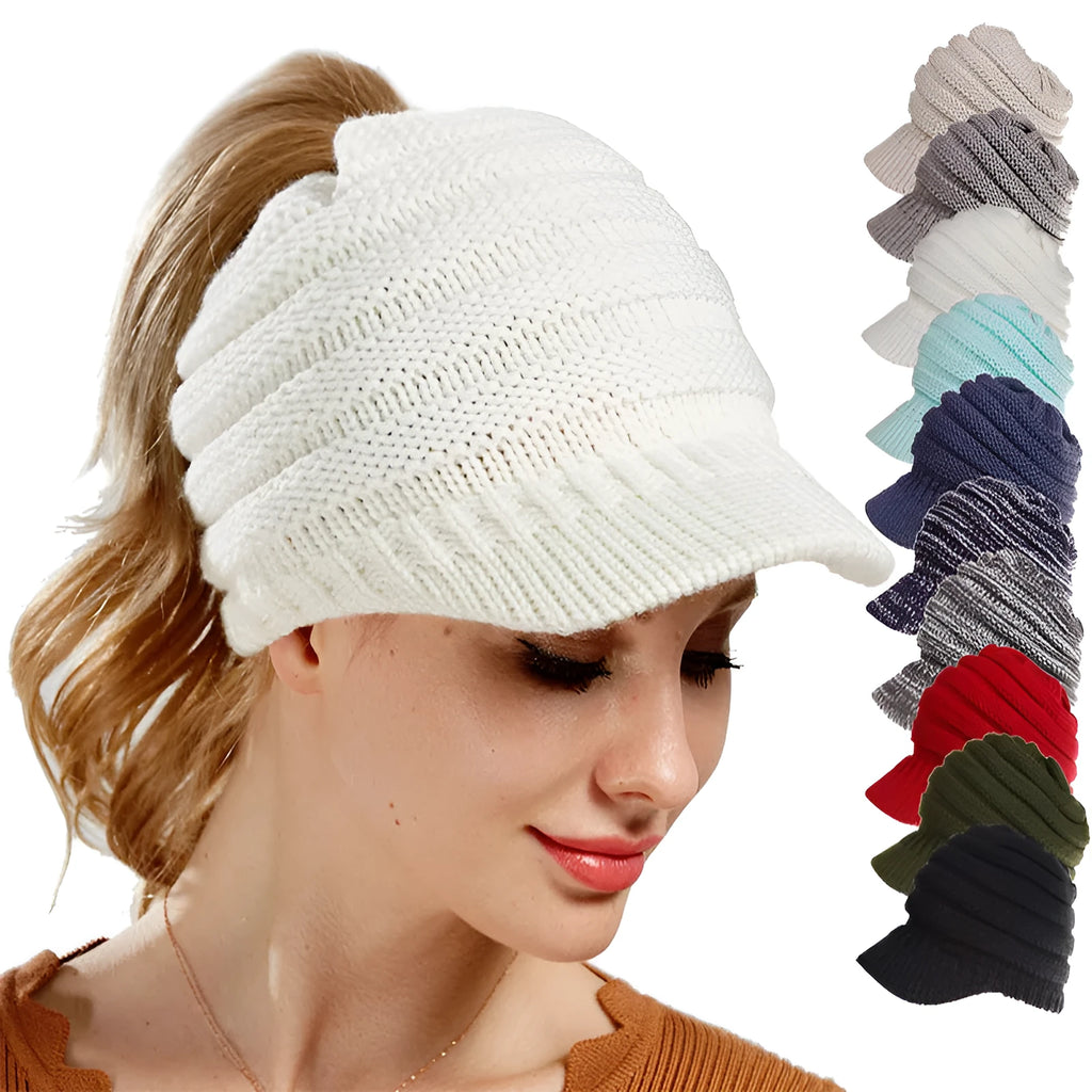 A soft grey acrylic knitted beanie for women, worn over a ponytail.