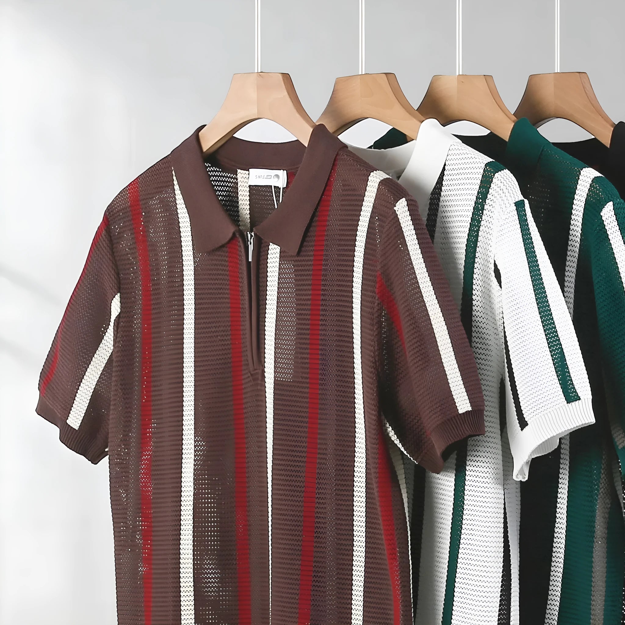 Hollow mesh short-sleeved knitting polo shirt in Ice Silk fabric, loose fit, zipper decorations, summer casual